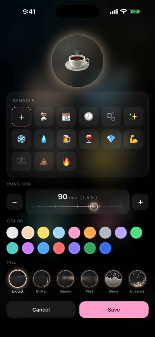 The bubble editor with the duration slider, colours and fills