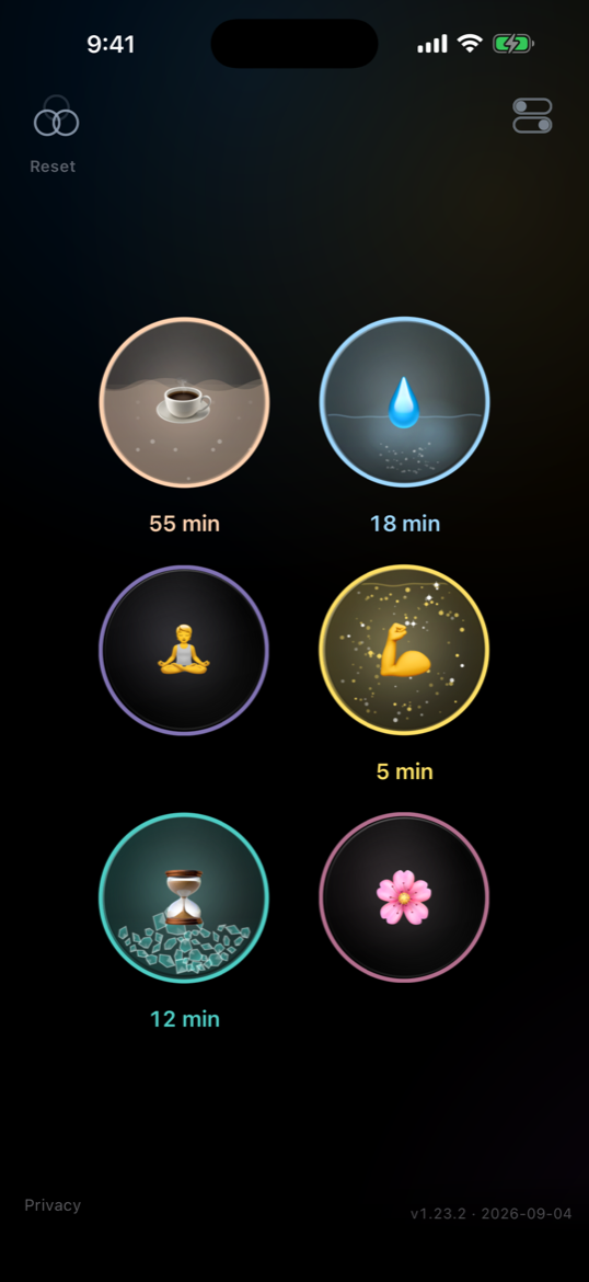 Bubl Timer's Pair view with six bubbles, four of them running